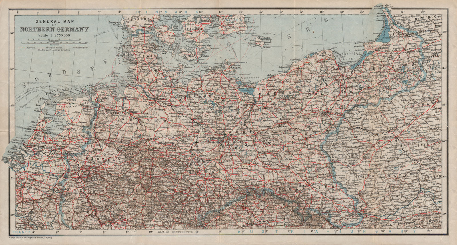General map of Northern Germany. Poland. Central Europe. BAEDEKER 1910 old